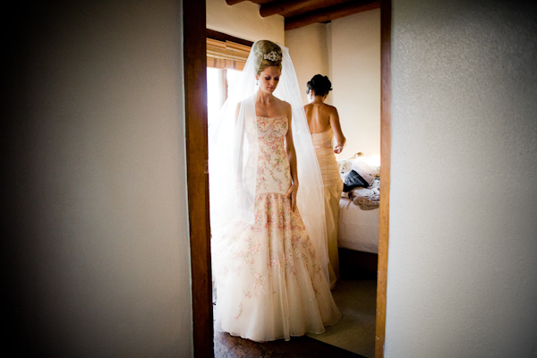 the beautiful bride all ready for the ceremony - she is wearing a champagne mermaid style dress with light pink and green embellishments, a full length veil, and a tiara - photo by New Mexico based wedding photographers Twin Lens